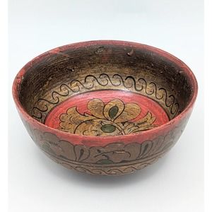 Vintage Russian Soviet Union folk art painted wooden bowl small red black gold